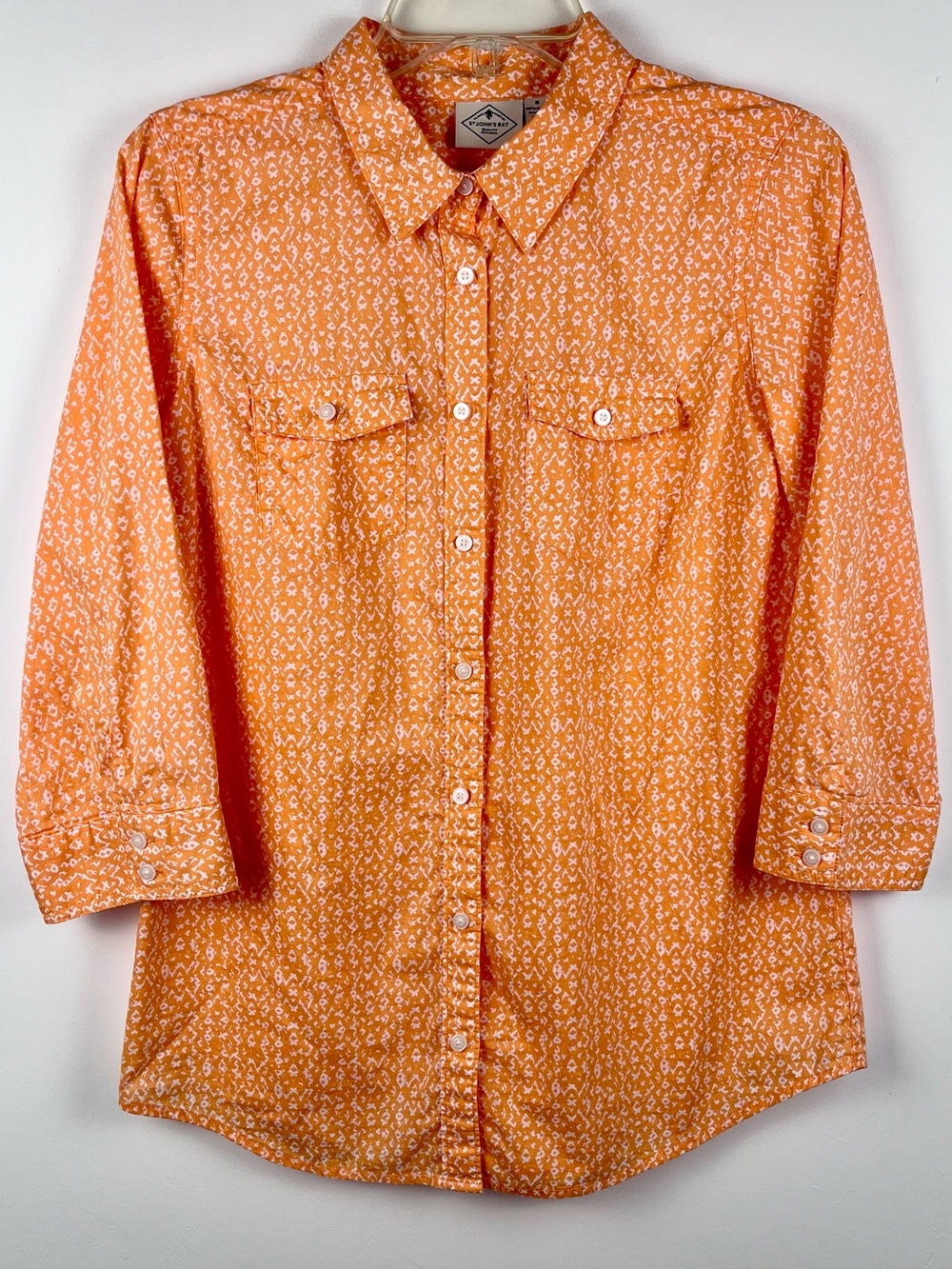 St Johns Bay Womens Orange White Geometric Print 100% Cotton Button Up Shirt S